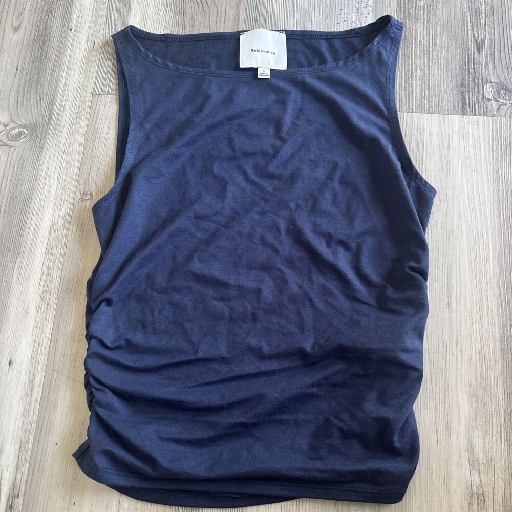 Reformation Demi Knit Top Rouched Side Midnight Blue Quiet Luxury Chic Minimal S